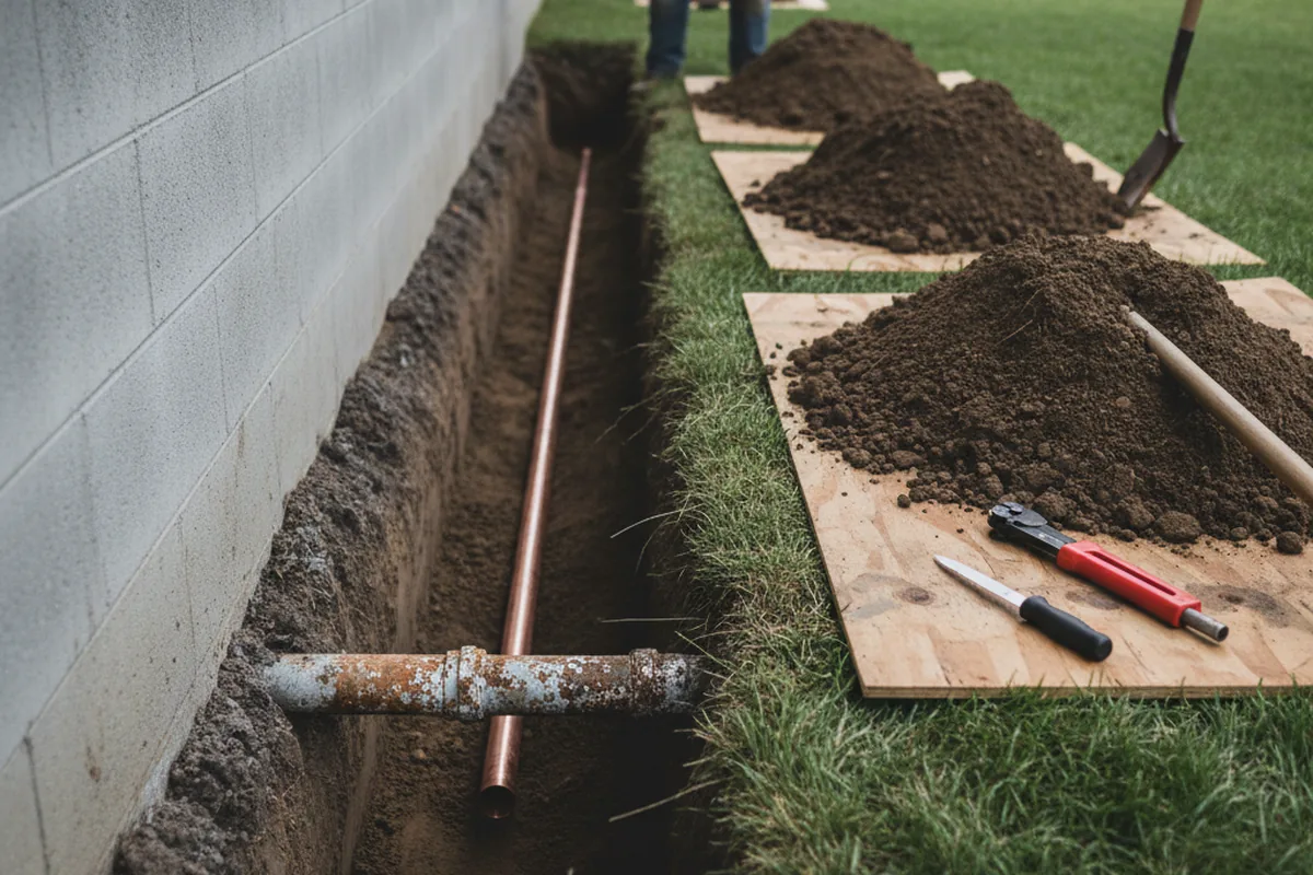 Excavated water line trench during Sewer Line Repair in Knox